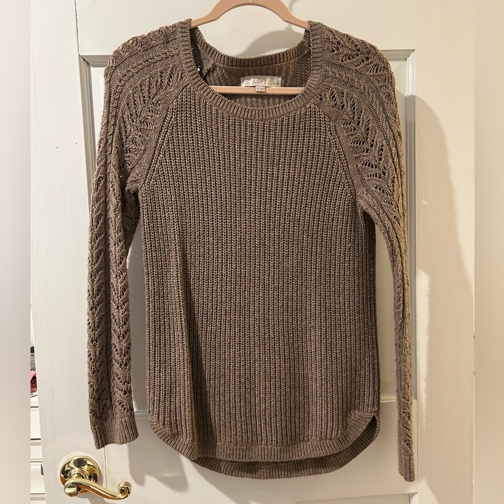 LOFT Taupe Knit Sweater with Lace Sleeves